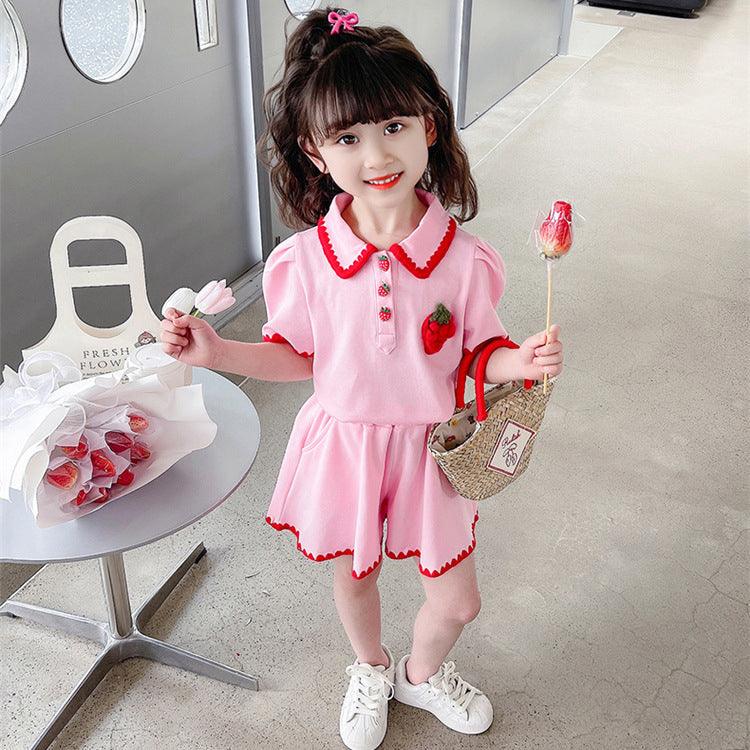 2 Pieces Set Baby Kid Girls Fruit Embroidered Polo Shirts And Solid Color Shorts