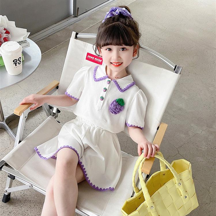 2 Pieces Set Baby Kid Girls Fruit Embroidered Polo Shirts And Solid Color Shorts