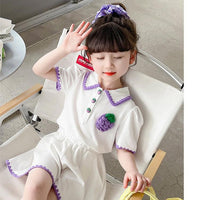 2 Pieces Set Baby Kid Girls Fruit Embroidered Polo Shirts And Solid Color Shorts