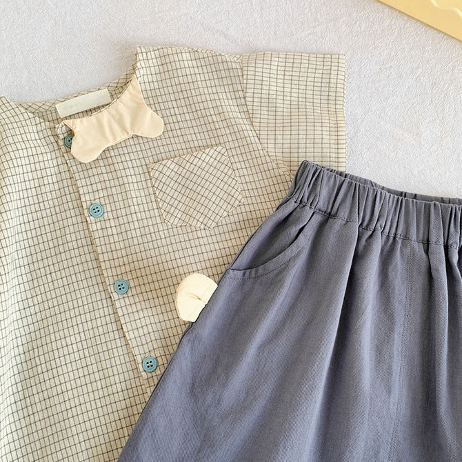 2 Pieces Set Baby Boys Checked Tops And Solid Color Shorts