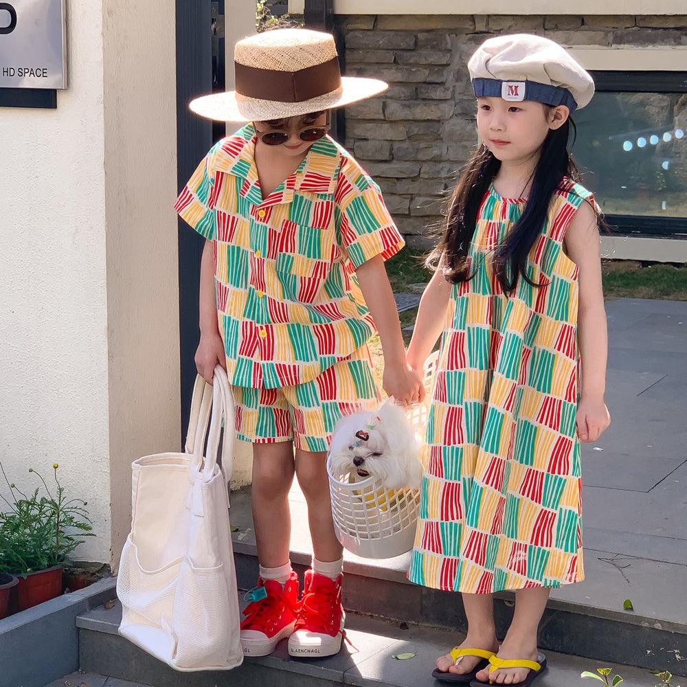 2 Pieces Set Baby Kid Unisex Striped Checked Tops And Shorts