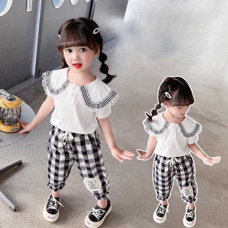 2 Pieces Set Baby Kid Girls Solid Color Tops Checked And Cartoon Pants