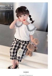 2 Pieces Set Baby Kid Girls Solid Color Tops Checked And Cartoon Pants