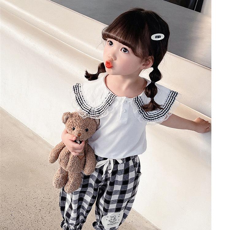 2 Pieces Set Baby Kid Girls Solid Color Tops Checked And Cartoon Pants