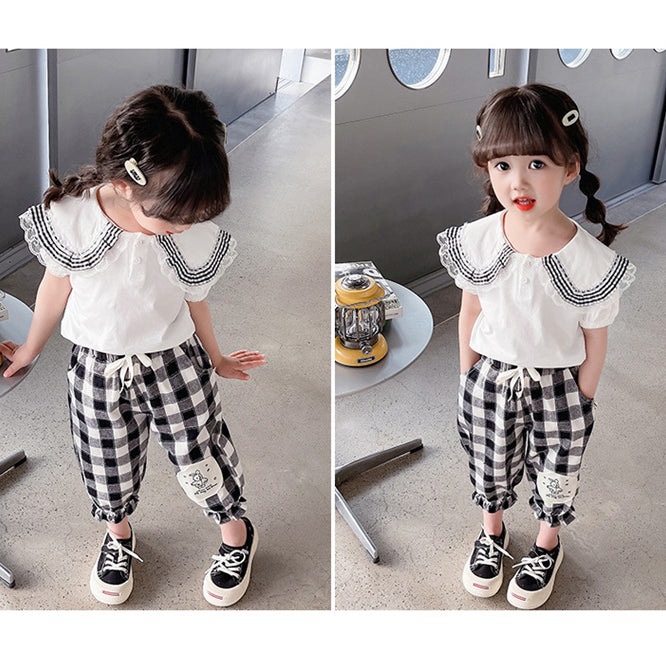 2 Pieces Set Baby Kid Girls Solid Color Tops Checked And Cartoon Pants