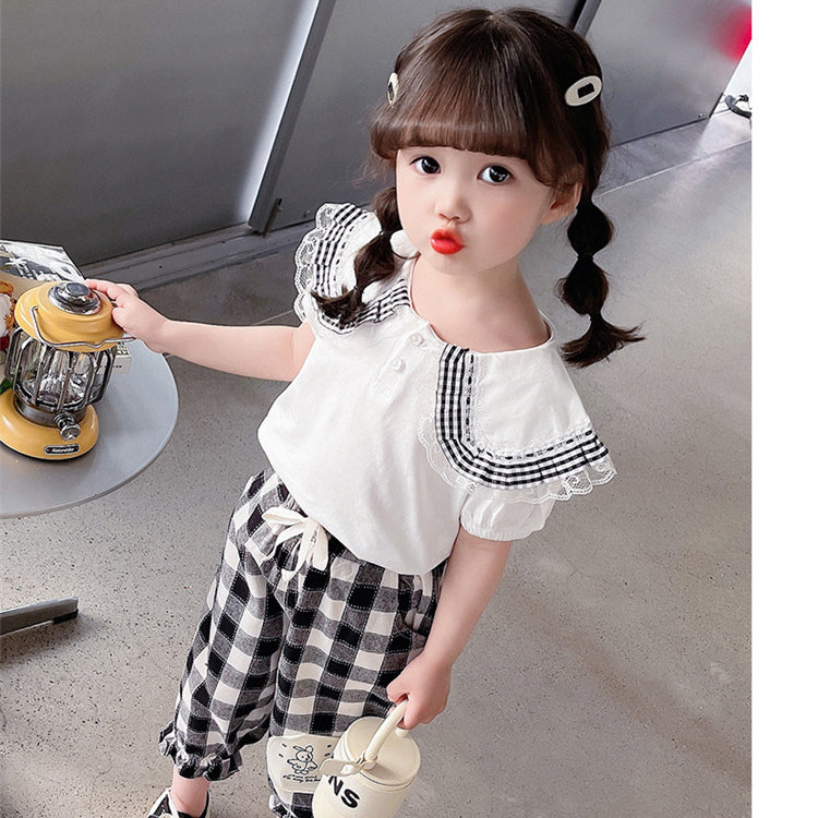 2 Pieces Set Baby Kid Girls Solid Color Tops Checked And Cartoon Pants