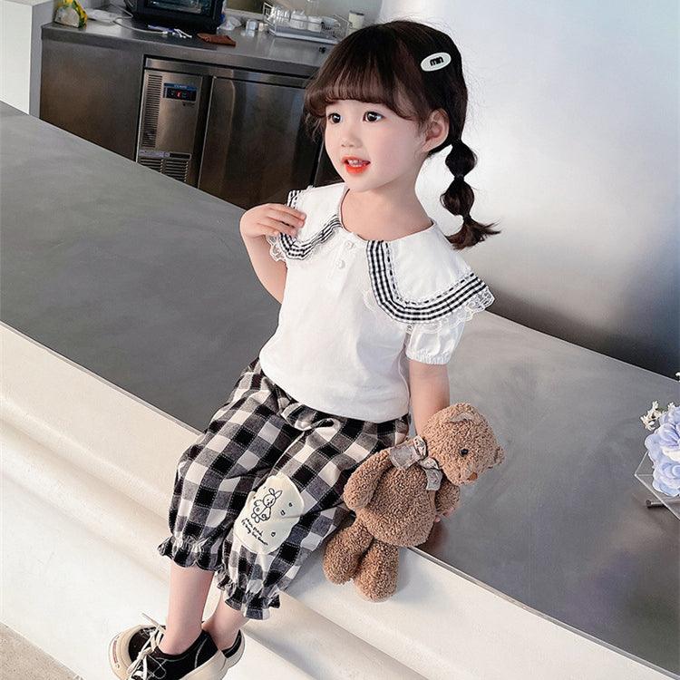 2 Pieces Set Baby Kid Girls Solid Color Tops Checked And Cartoon Pants