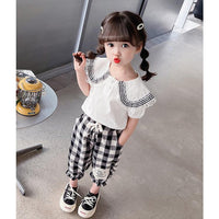 2 Pieces Set Baby Kid Girls Solid Color Tops Checked And Cartoon Pants