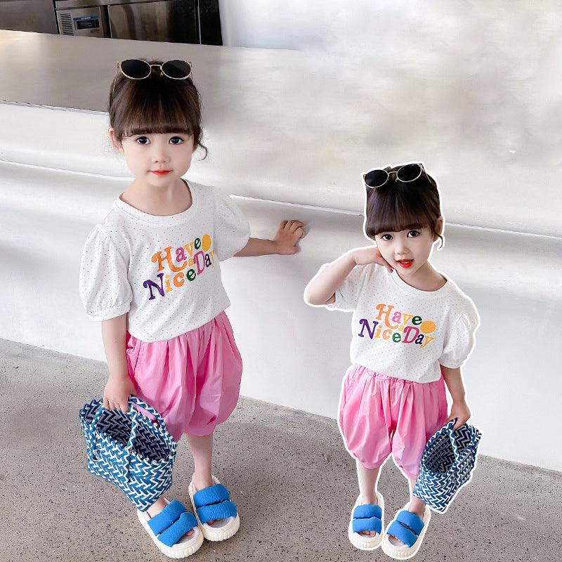 2 Pieces Set Baby Kid Girls Letters Polka dots Print T-Shirts And Solid Color Shorts