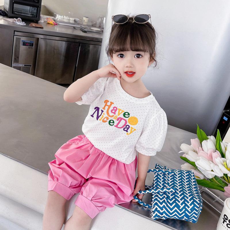 2 Pieces Set Baby Kid Girls Letters Polka dots Print T-Shirts And Solid Color Shorts