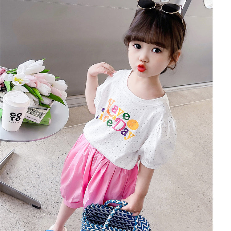 2 Pieces Set Baby Kid Girls Letters Polka dots Print T-Shirts And Solid Color Shorts