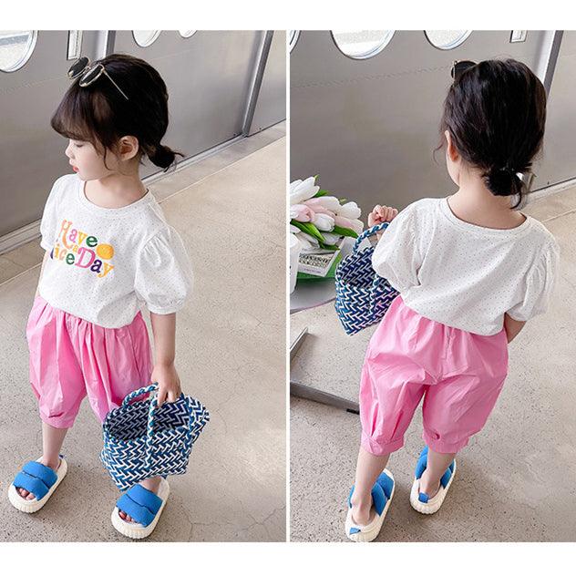 2 Pieces Set Baby Kid Girls Letters Polka dots Print T-Shirts And Solid Color Shorts