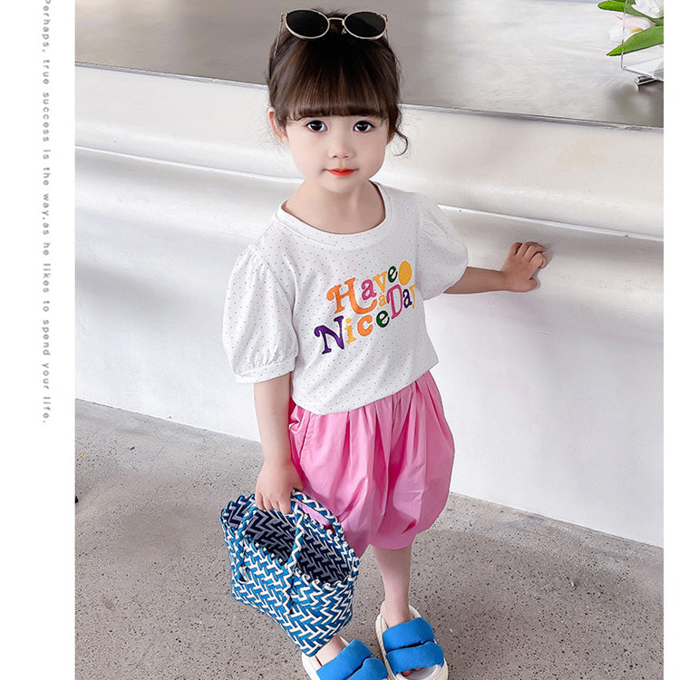 2 Pieces Set Baby Kid Girls Letters Polka dots Print T-Shirts And Solid Color Shorts