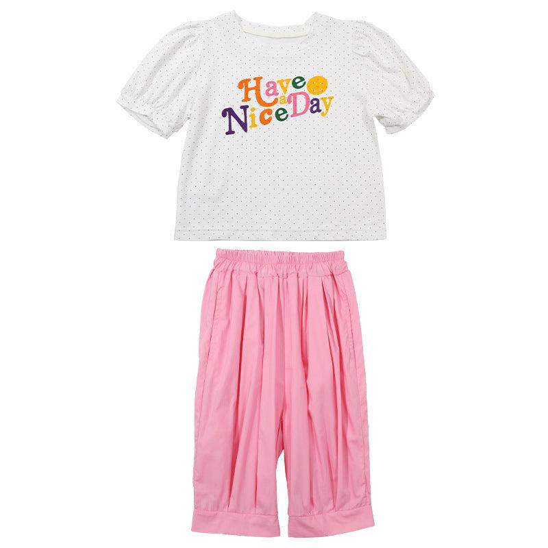 2 Pieces Set Baby Kid Girls Letters Polka dots Print T-Shirts And Solid Color Shorts