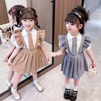 2 Pieces Set Baby Kid Girls Bow Tops And Solid Color Dresses