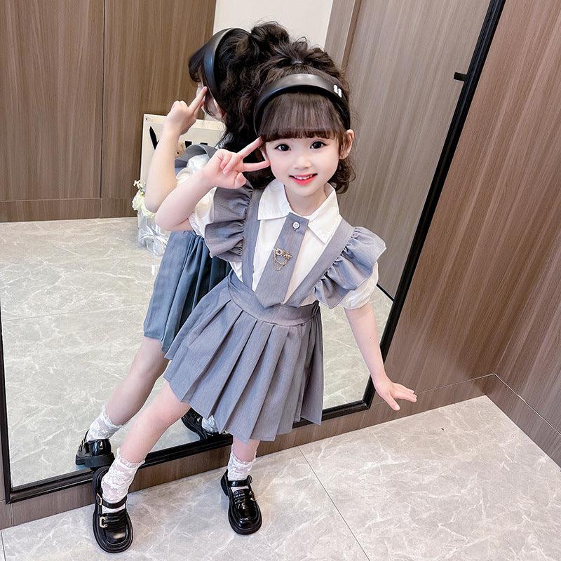 2 Pieces Set Baby Kid Girls Bow Tops And Solid Color Dresses