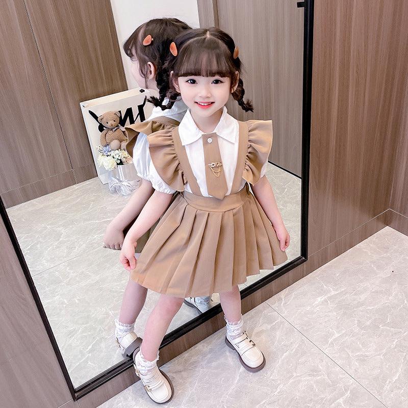 2 Pieces Set Baby Kid Girls Bow Tops And Solid Color Dresses