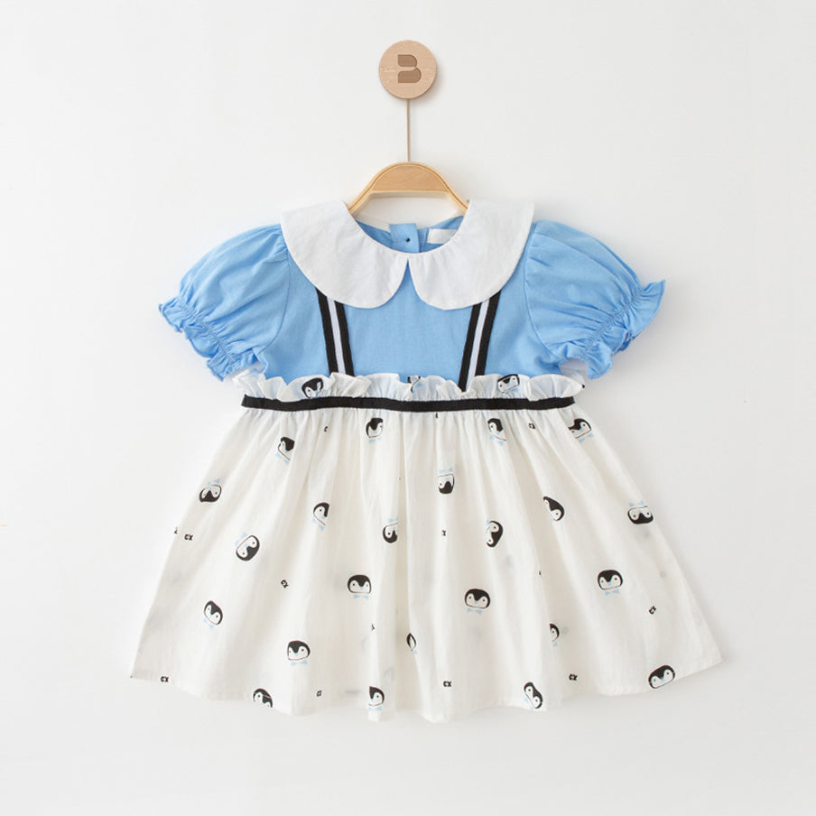 Baby Girls Color-blocking Cartoon Print Dresses