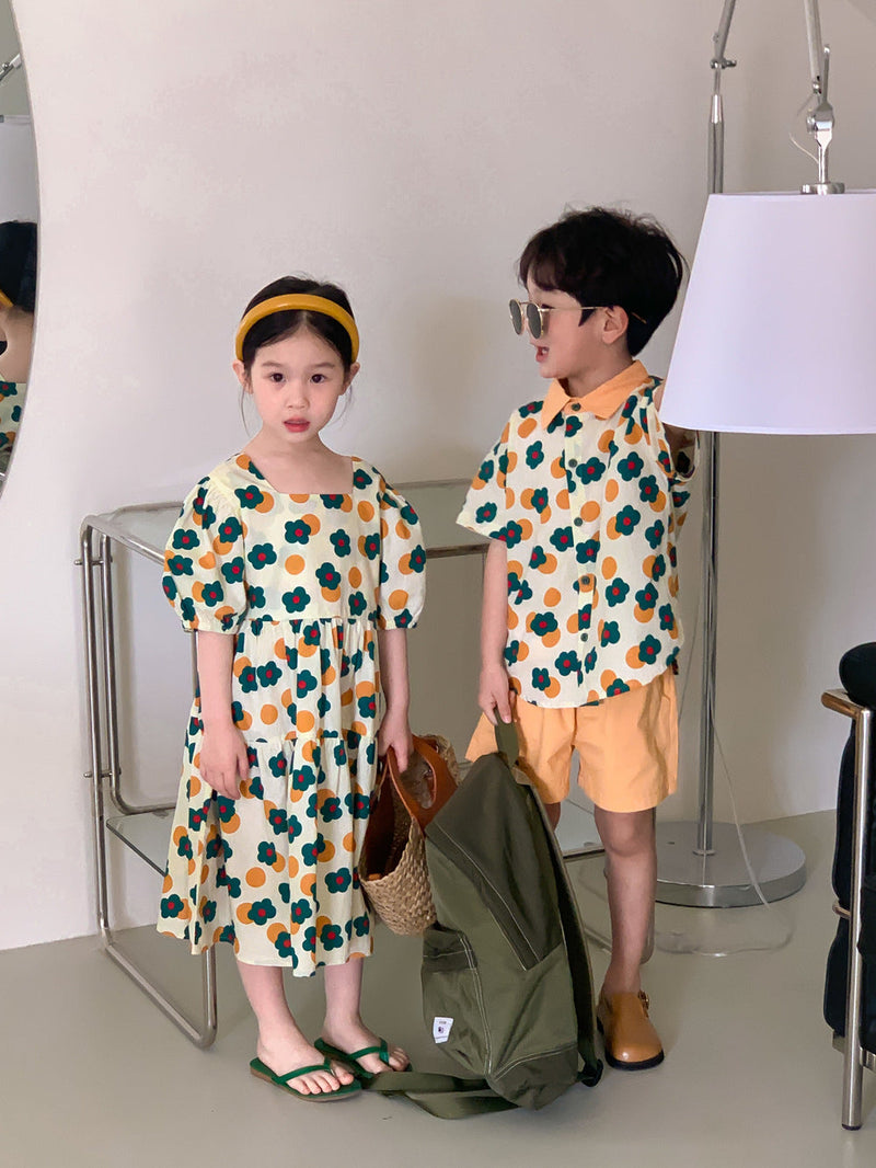 2 Pieces Set Baby Kid Boys Flower Tops And Solid Color Shorts