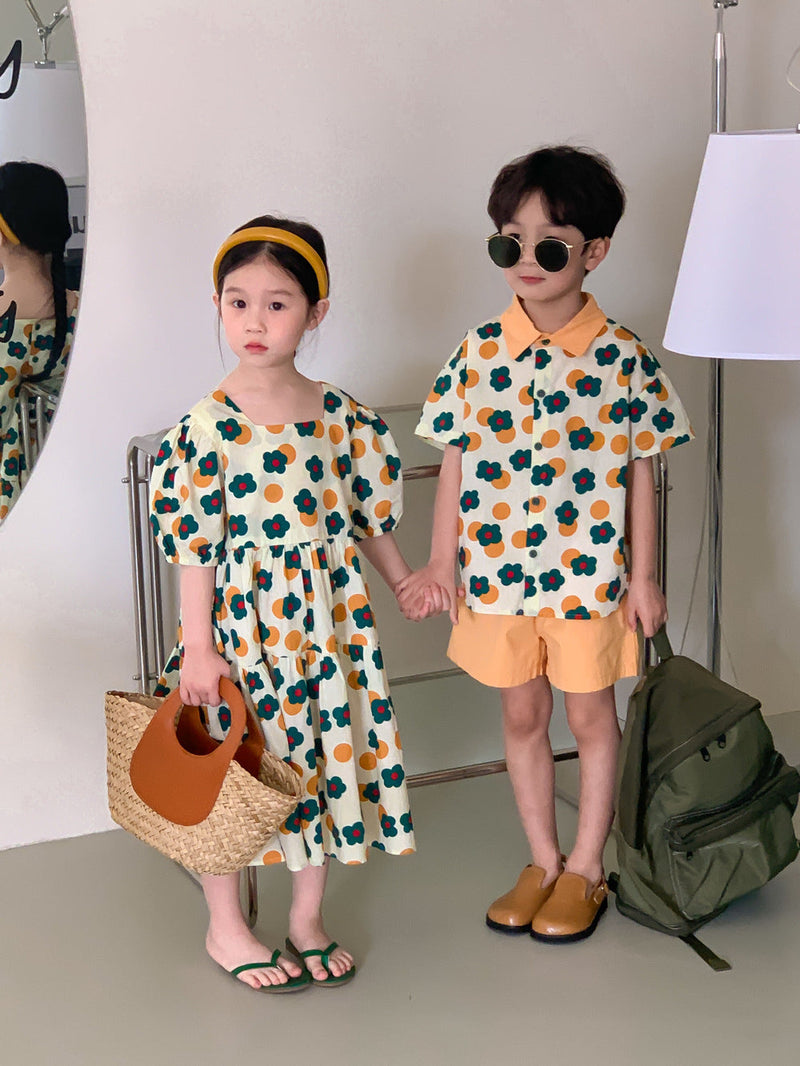 2 Pieces Set Baby Kid Boys Flower Tops And Solid Color Shorts