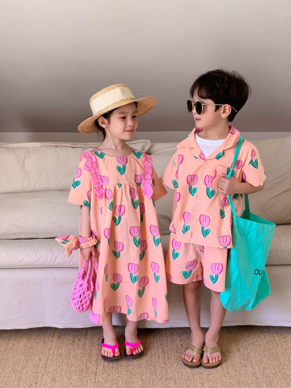 2 Pieces Set Baby Kid Boys Flower Print Shirts And Shorts