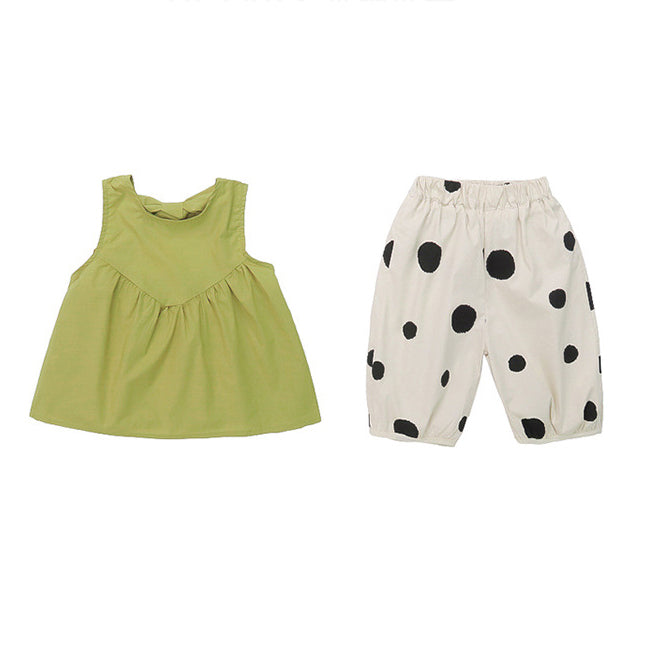 2 Pieces Set Baby Kid Girls Solid Color Tank Tops And Polka dots Shorts