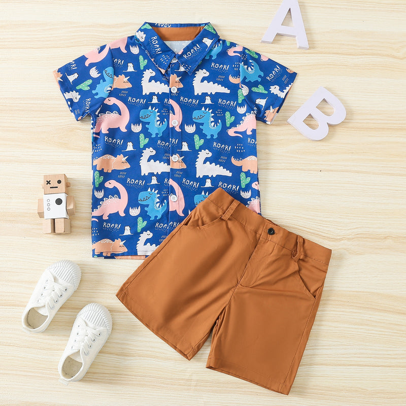 2 Pieces Set Baby Kid Boys Dinosaur Print Shirts And Solid Color Shorts
