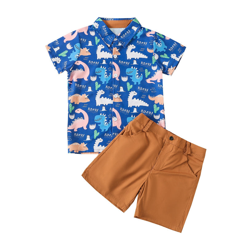 2 Pieces Set Baby Kid Boys Dinosaur Print Shirts And Solid Color Shorts
