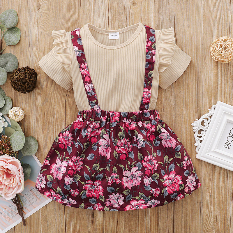 2 Pieces Set Baby Kid Girls Solid Color Striped Tops And  Print Flower Dresses
