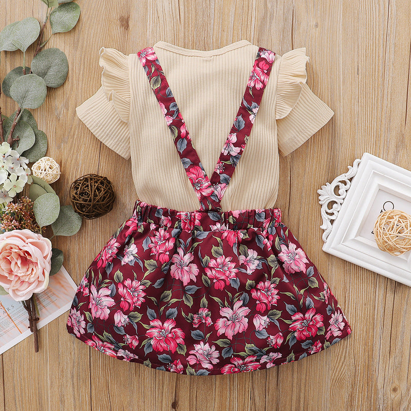 2 Pieces Set Baby Kid Girls Solid Color Striped Tops And  Print Flower Dresses
