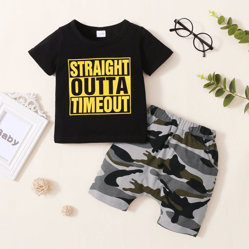 2 Pieces Set Baby Kid Boys Letters T-Shirts And Camo Shorts
