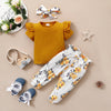 3 Pieces Set Baby Kid Girls Solid Color T-Shirts And Flower Print Pants And Headwear