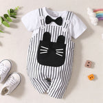 2 Pieces Set Baby Boys Solid Color Bow T-Shirts And Striped Cartoon Jumpsuits