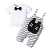 2 Pieces Set Baby Boys Solid Color Bow T-Shirts And Striped Cartoon Jumpsuits