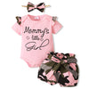 3 Pieces Set Baby Girls Letters Rompers And Camo Shorts And Headwear
