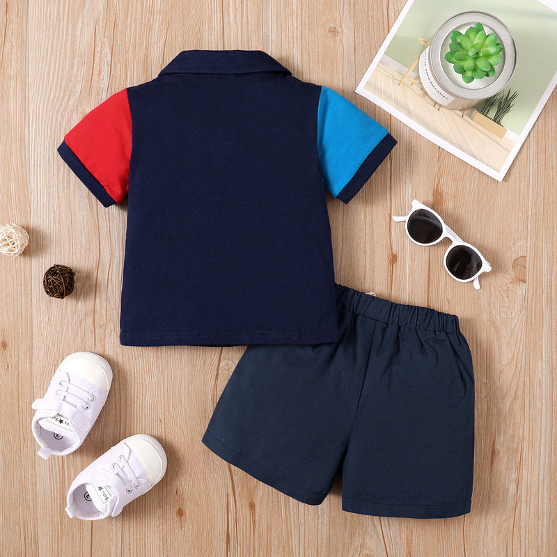 2 Pieces Set Baby Kid Boys Color-blocking Embroidered Polo Shirts And Solid Color Shorts
