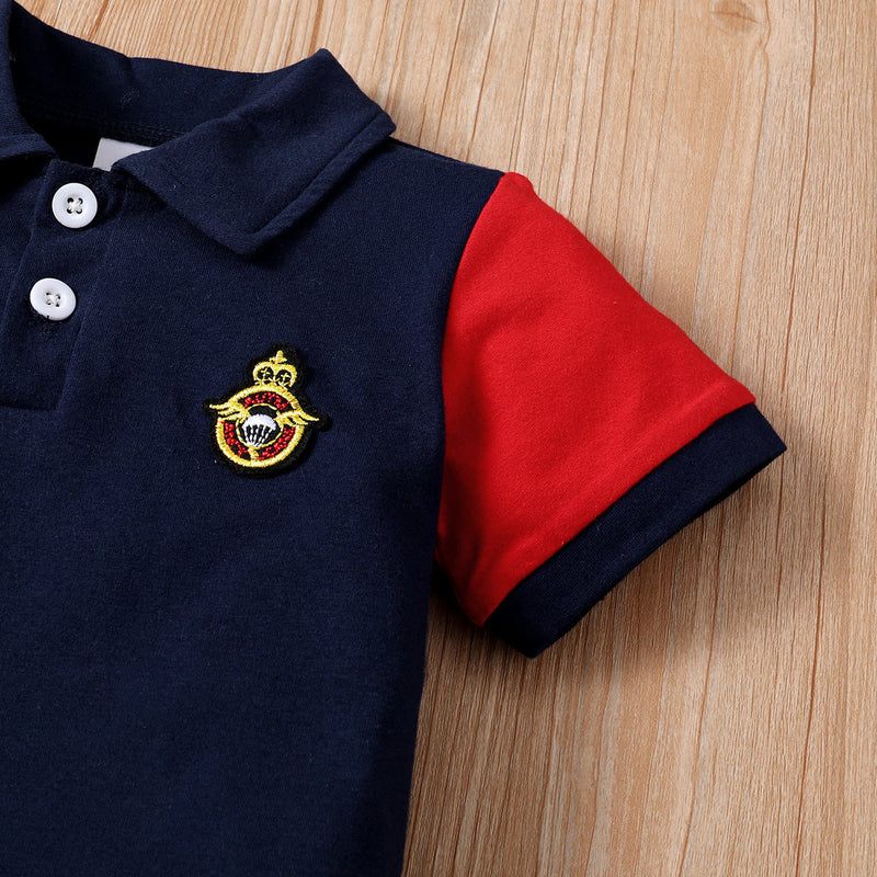 2 Pieces Set Baby Kid Boys Color-blocking Embroidered Polo Shirts And Solid Color Shorts