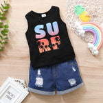 2 Pieces Set Baby Kid Boys Letters Plant Print Tank Tops And Ripped Shorts