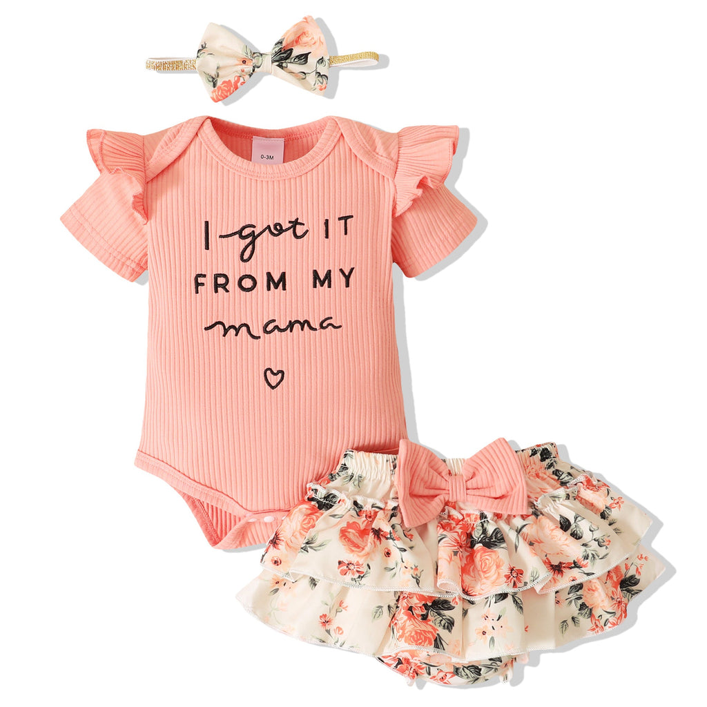 3 Pieces Set Baby Girls Letters Muslin&Ribbed Rompers And Flower Bow Print Shorts And Headwear