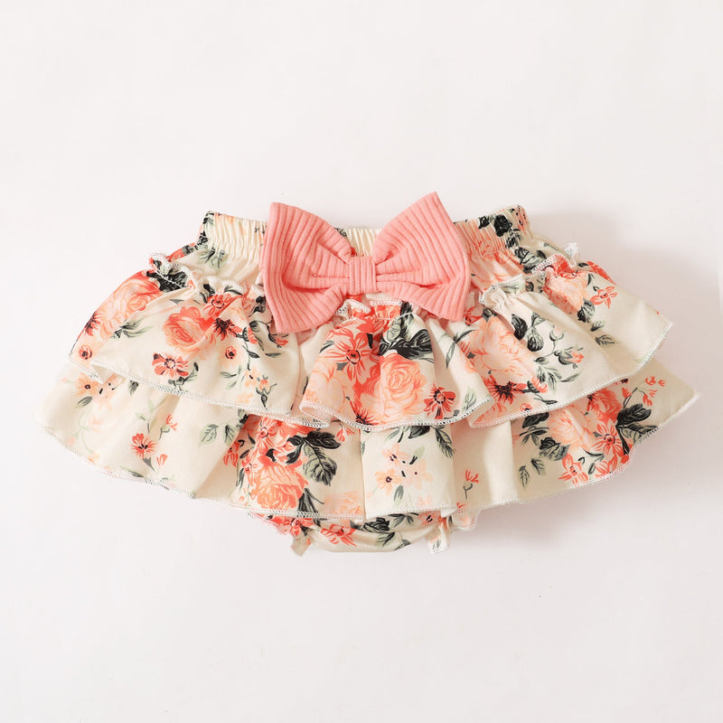 3 Pieces Set Baby Girls Letters Muslin&Ribbed Rompers And Flower Bow Print Shorts And Headwear