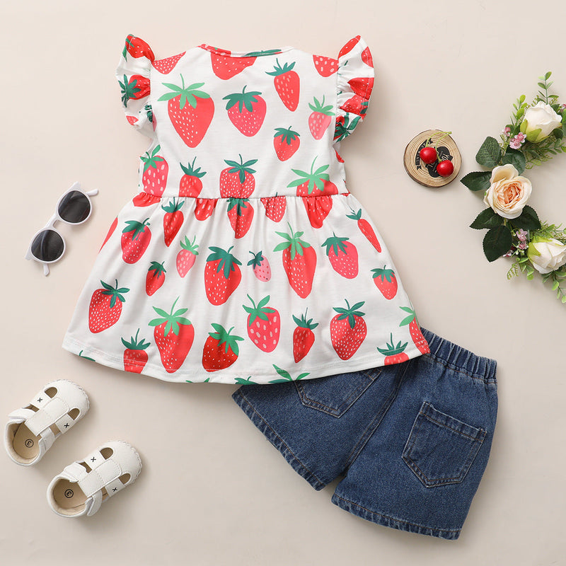 2 Pieces Set Baby Kid Girls Fruit Print Tops And Solid Color Ripped Shorts
