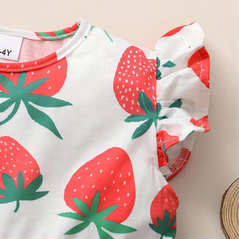 2 Pieces Set Baby Kid Girls Fruit Print Tops And Solid Color Ripped Shorts