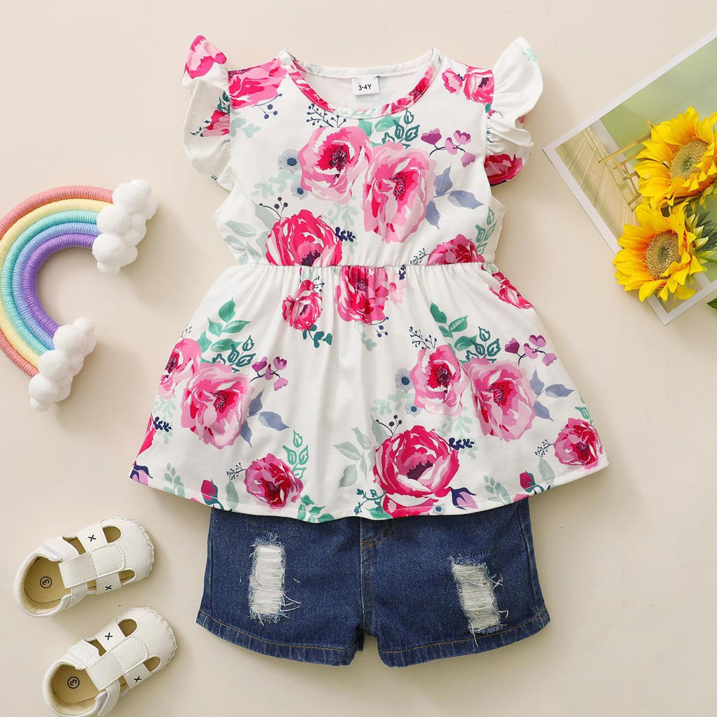2 Pieces Set Baby Kid Girls Flower Print Tops And Solid Color Ripped Shorts