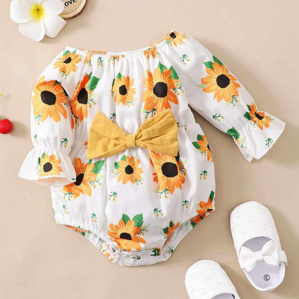 Baby Girls Flower Bow Print Rompers