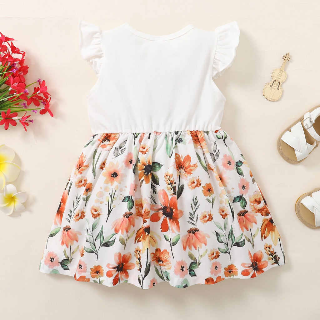 Baby Kid Girls Letters Color-blocking Flower Print Dresses