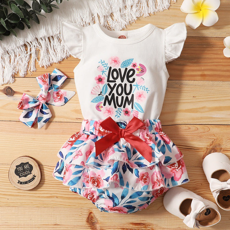 2 Pieces Set Baby Girls Flower Bow Print Rompers And Shorts