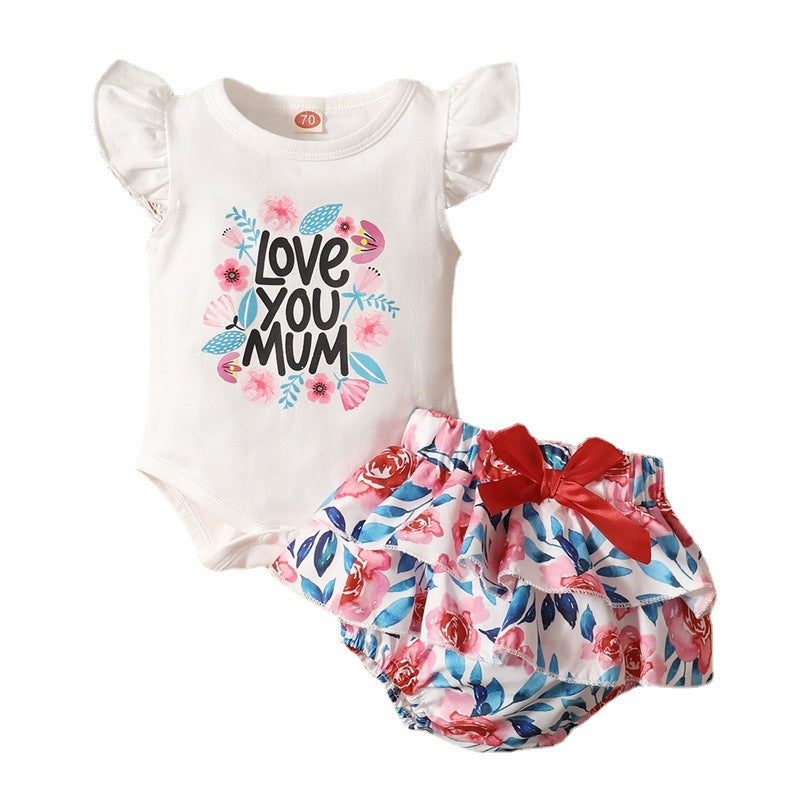 2 Pieces Set Baby Girls Flower Bow Print Rompers And Shorts