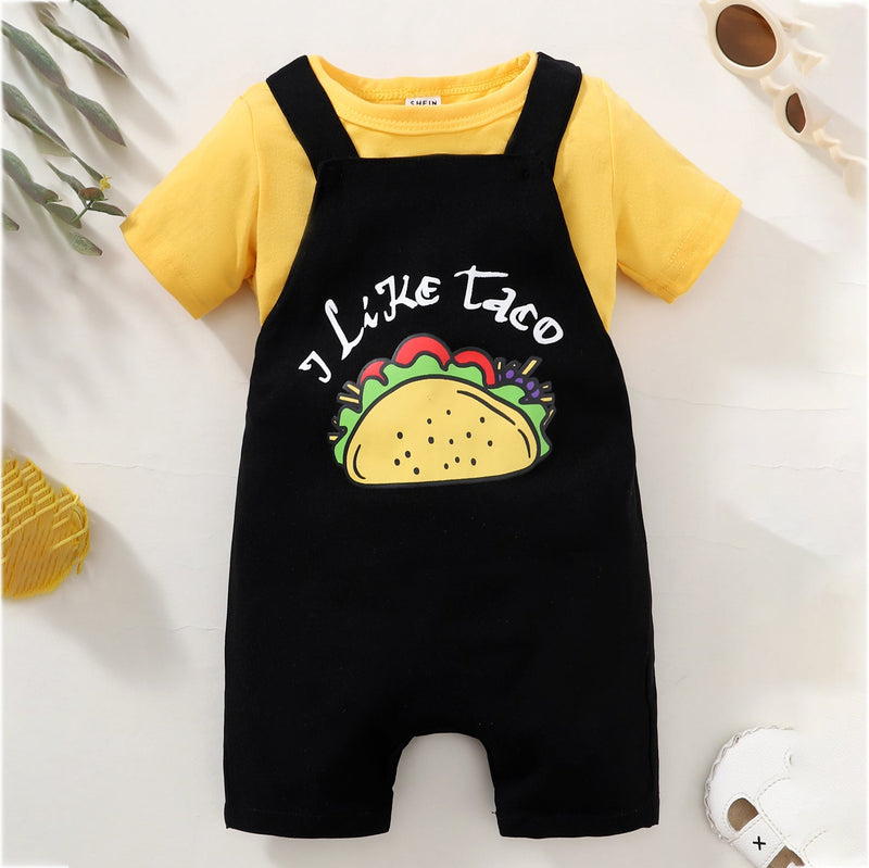 2 Pieces Set Baby Kid Boys Solid Color Print T-Shirts And Cartoon Rompers