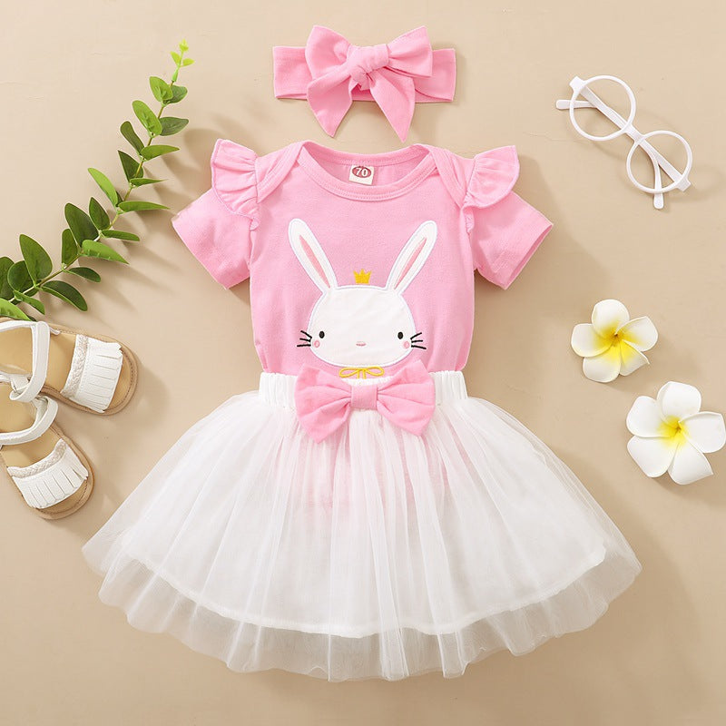 3 Pieces Set Baby Girls Rabbit Rompers Solid Color Skirts And Bow Headwear