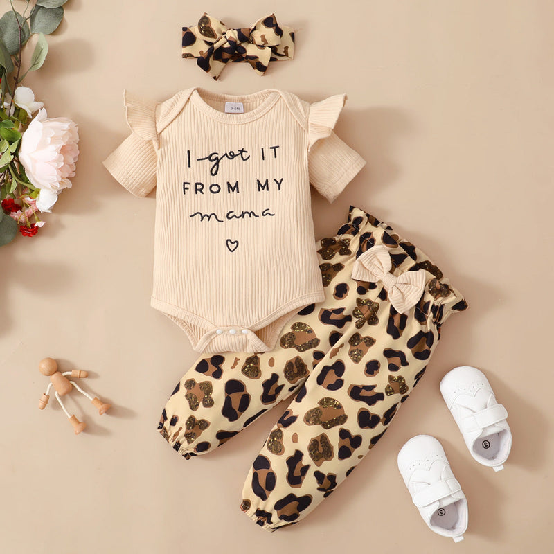 3 Pieces Set Baby Girls Letters Rompers Leopard Pants And Bow Headwear